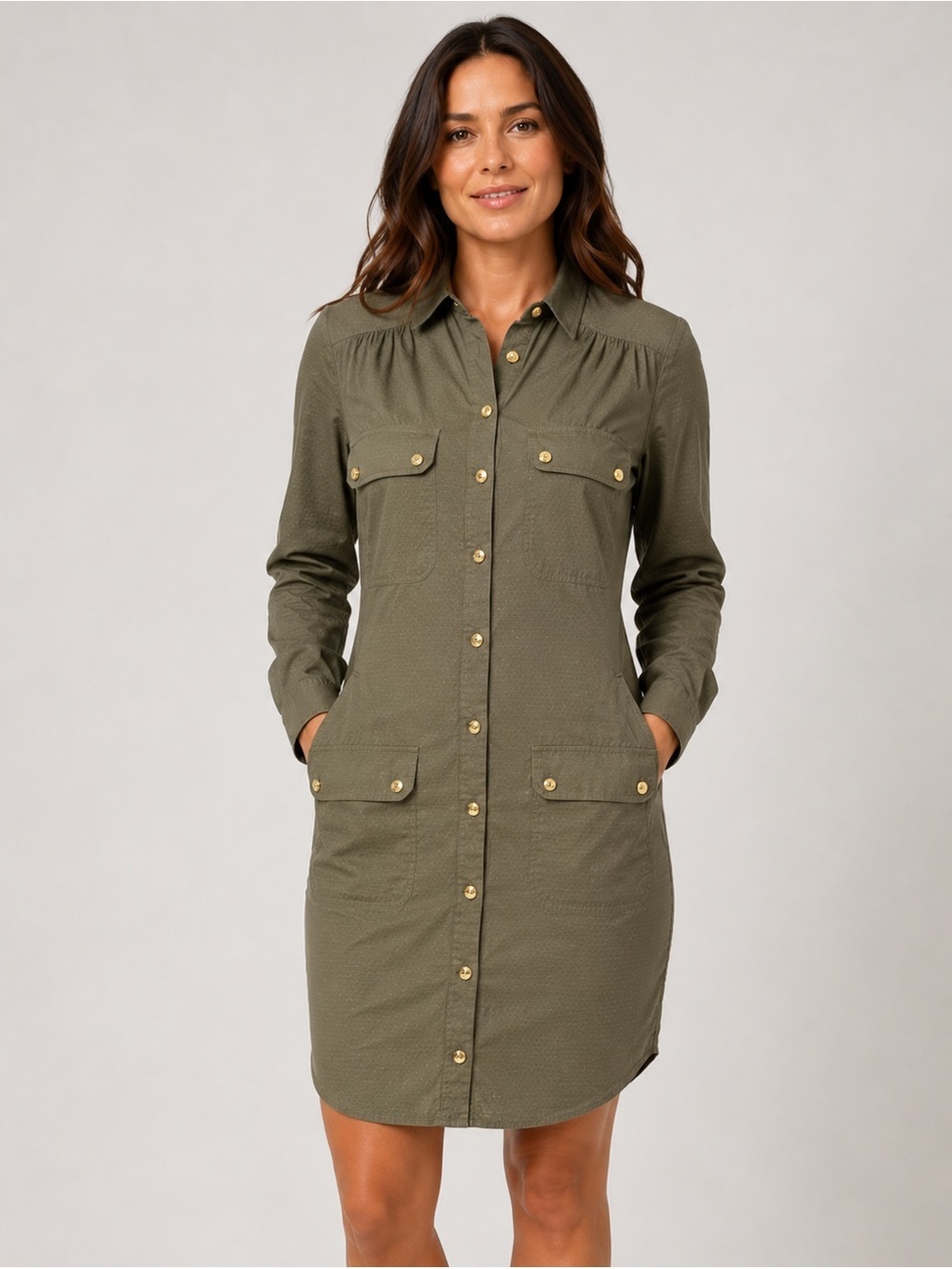 Trina Turk Audrick Olive Green Dobby Utility Shirt Dress Size 6